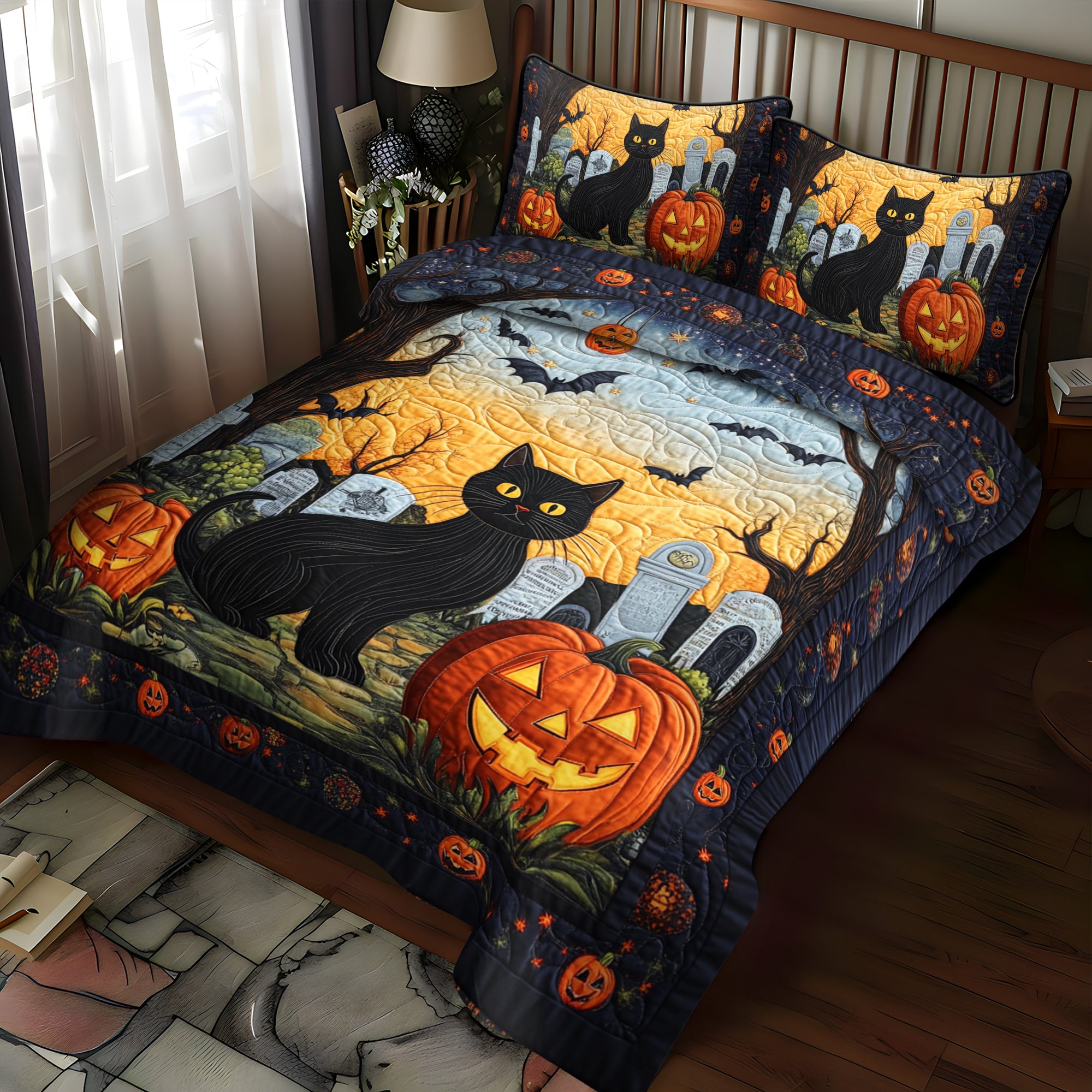 Spooky Cat Halloween 3-Piece Quilted Bedding Set NCU0PD428