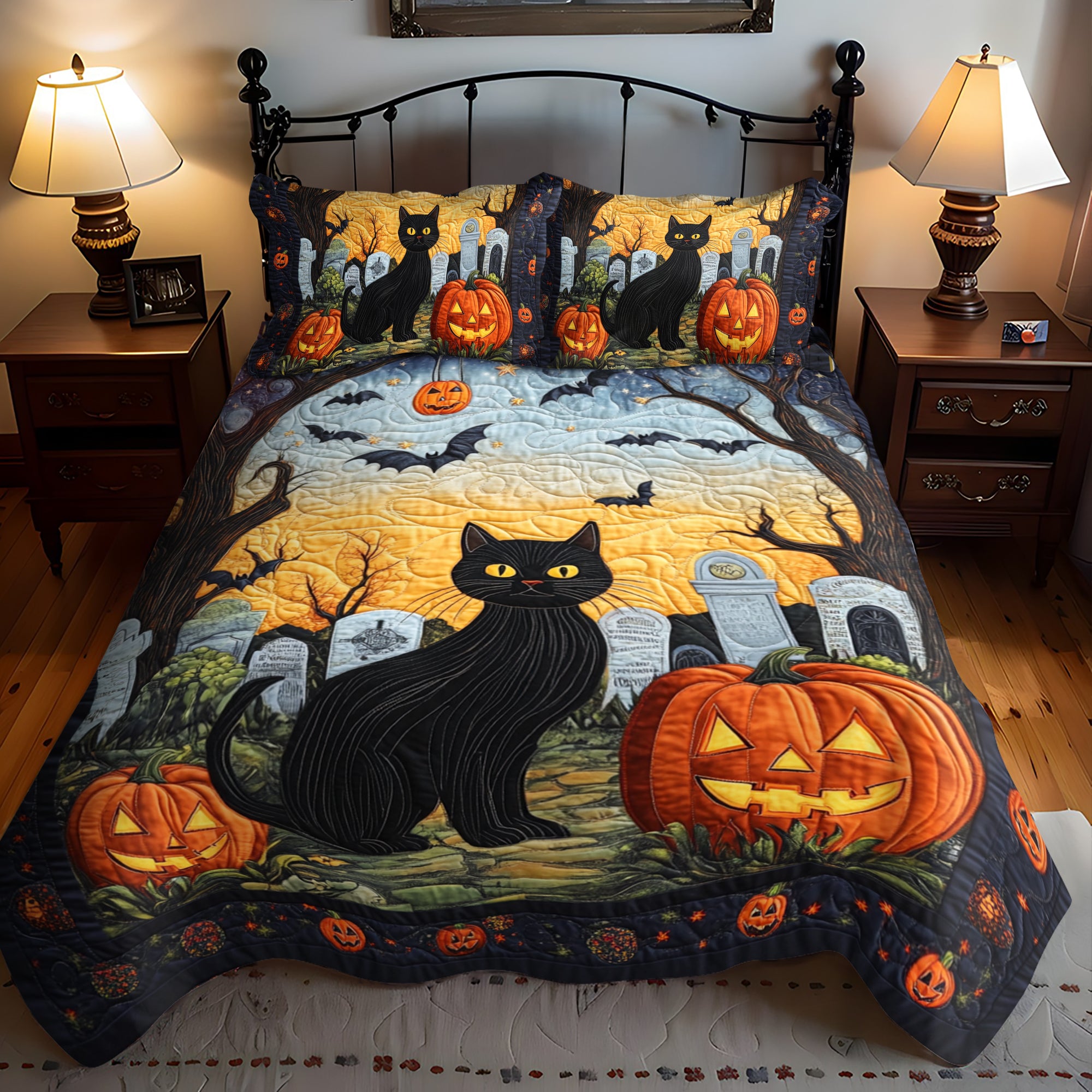 Spooky Cat Halloween 3-Piece Quilted Bedding Set NCU0PD428