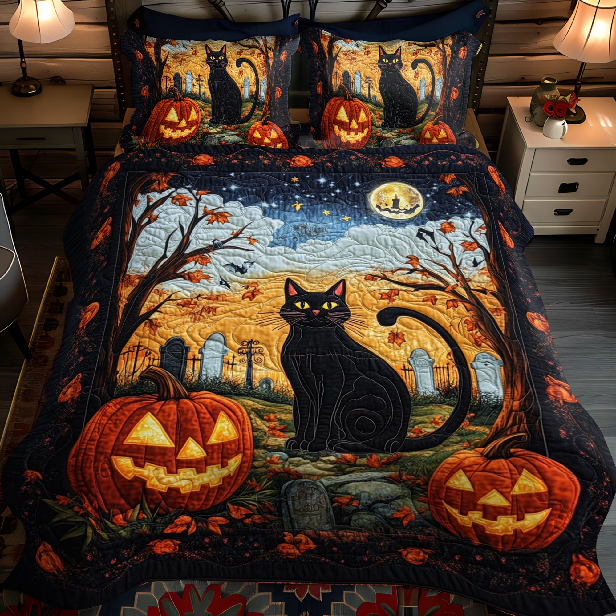 Spook-tacular Black Cat 3-Piece Quilted Bedding Set NCU0PD429