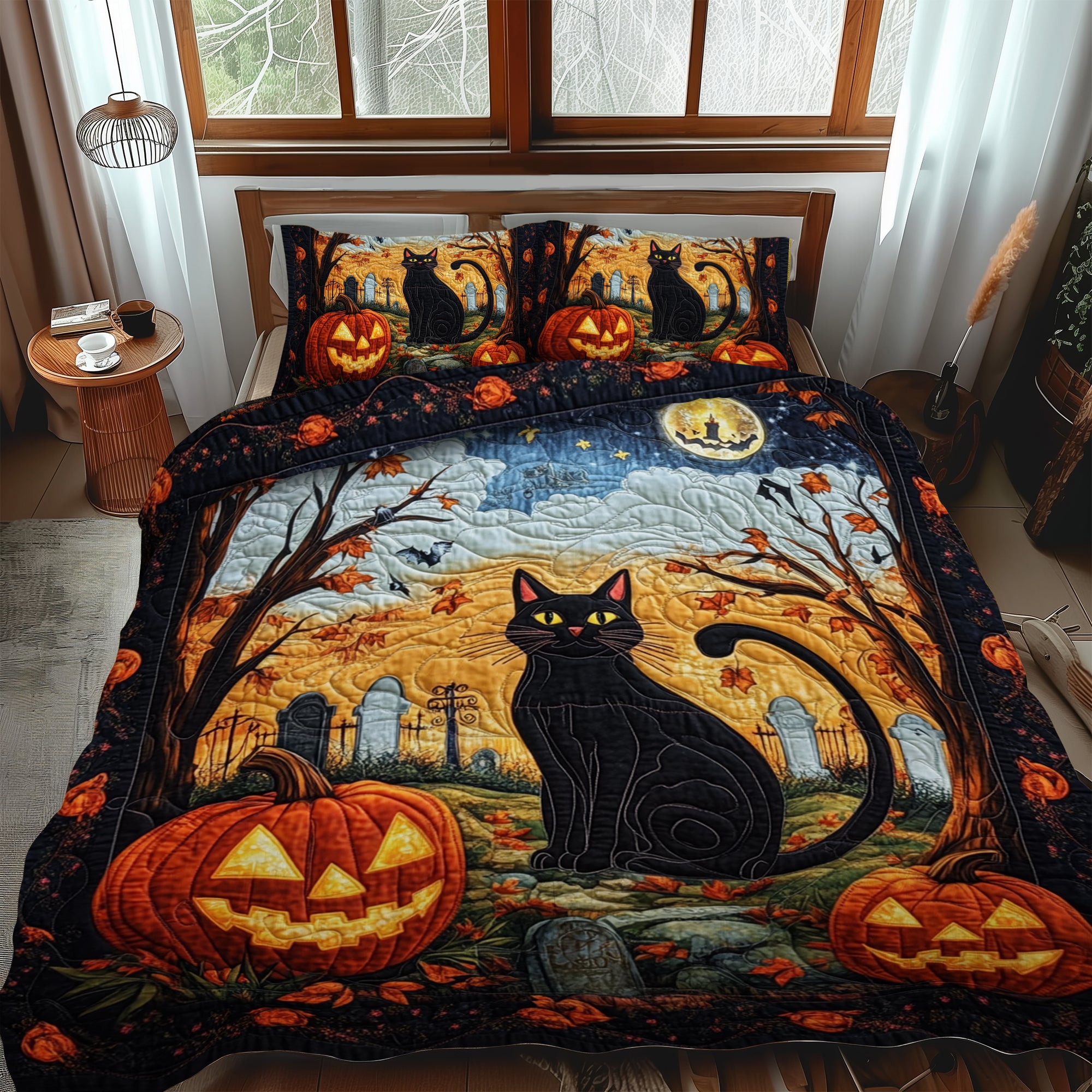 Spook-tacular Black Cat 3-Piece Quilted Bedding Set NCU0PD429