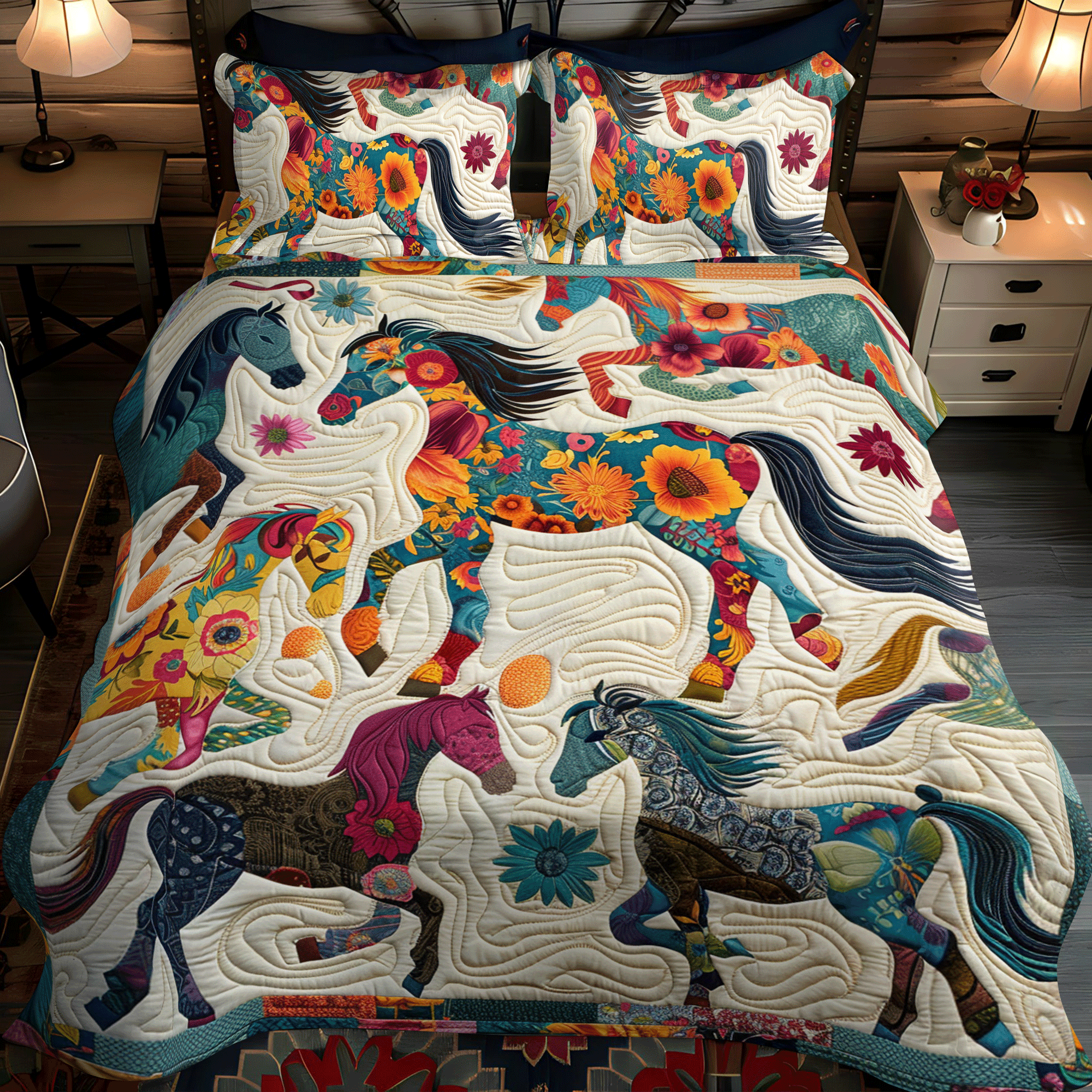 Whimsical Running Horse 3-Piece Quilted Bedding Set NCU0PD341