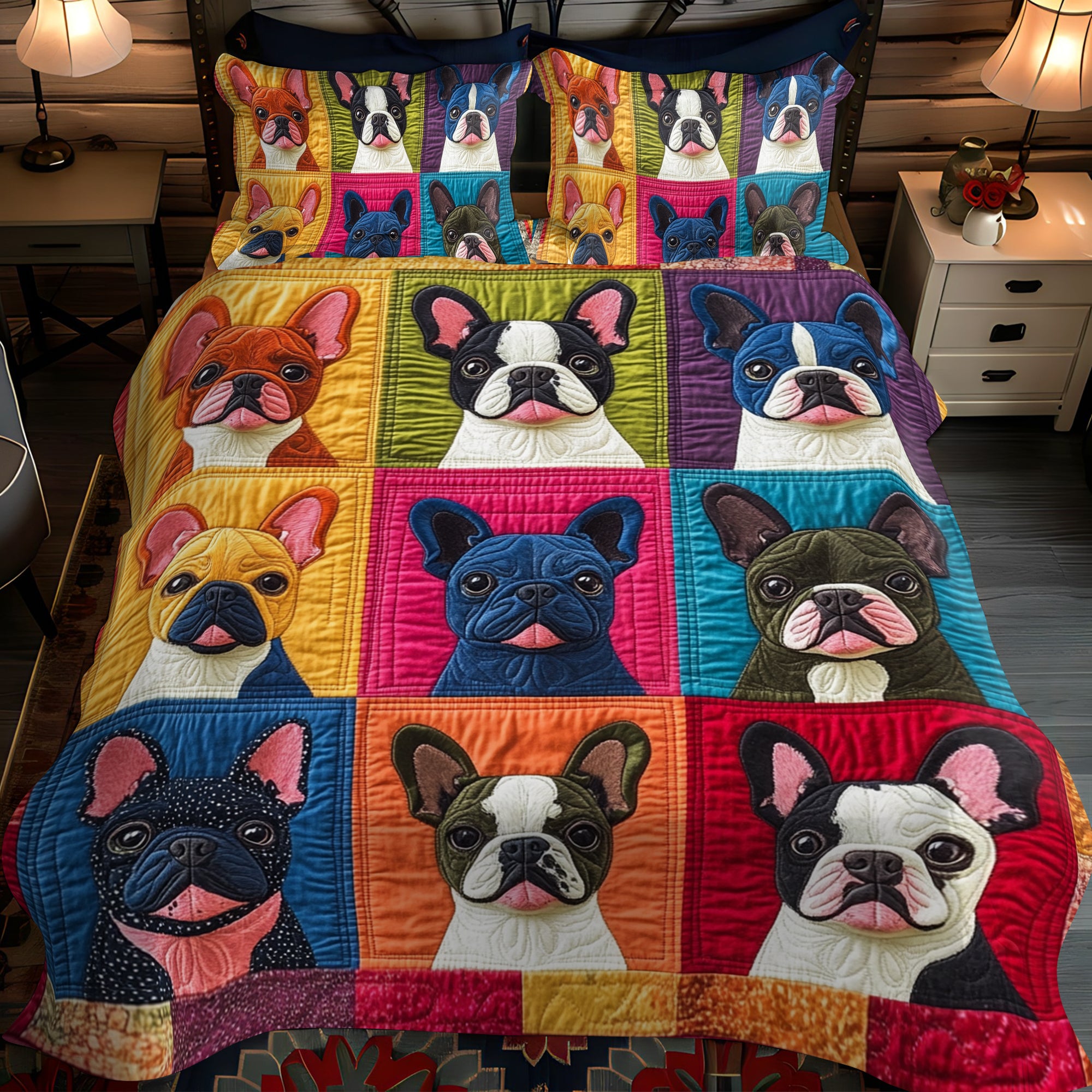 Frenchie Faces Colorful 3-Piece Quilted Bedding Set NCU0PD390