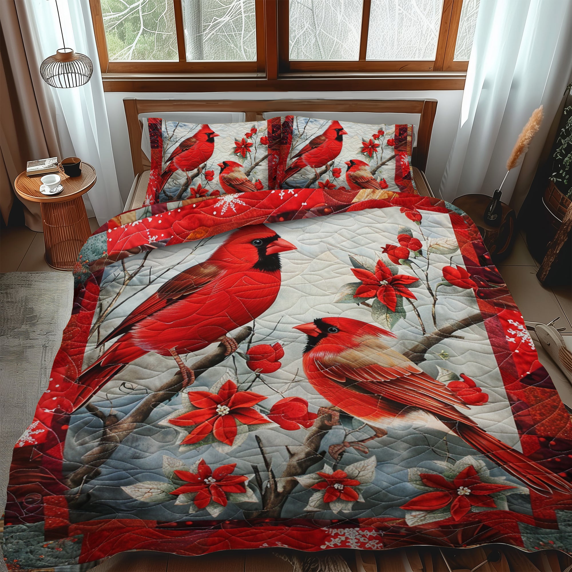 Cardinal Bird 3-Piece Quilted Bedding Set NCU0PD201