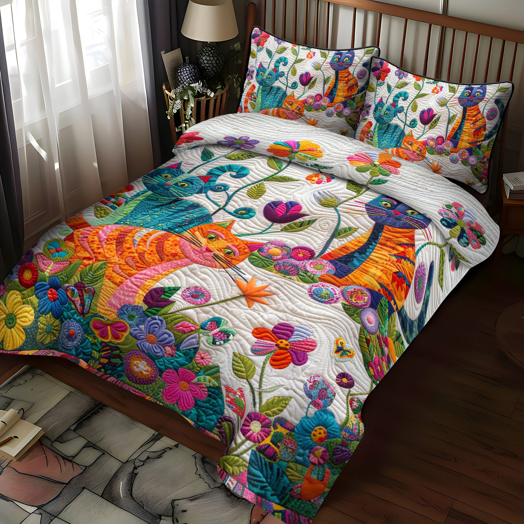 Floral Colorful Cats 3-Piece Quilted Bedding Set NCU0PD326