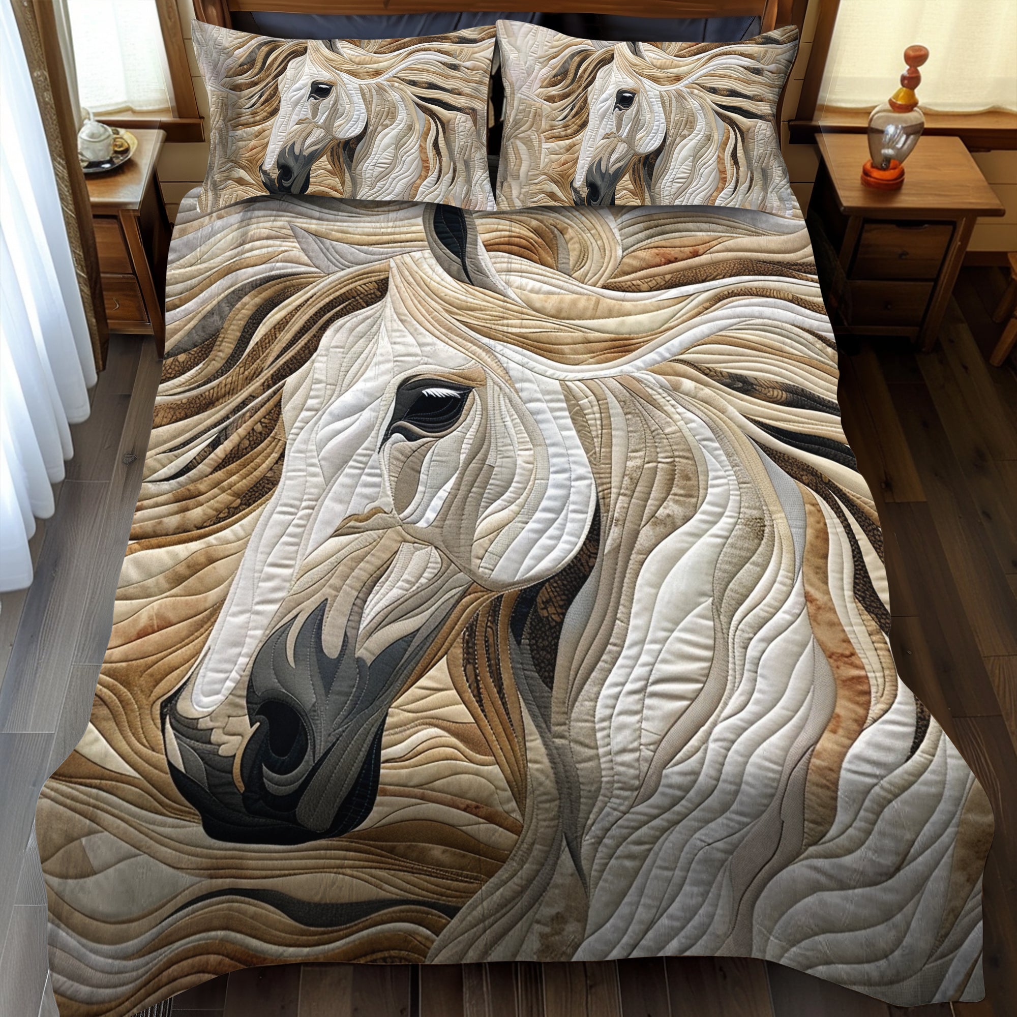 Majestic White Horse 3-Piece Quilted Bedding Set NCU0PD163