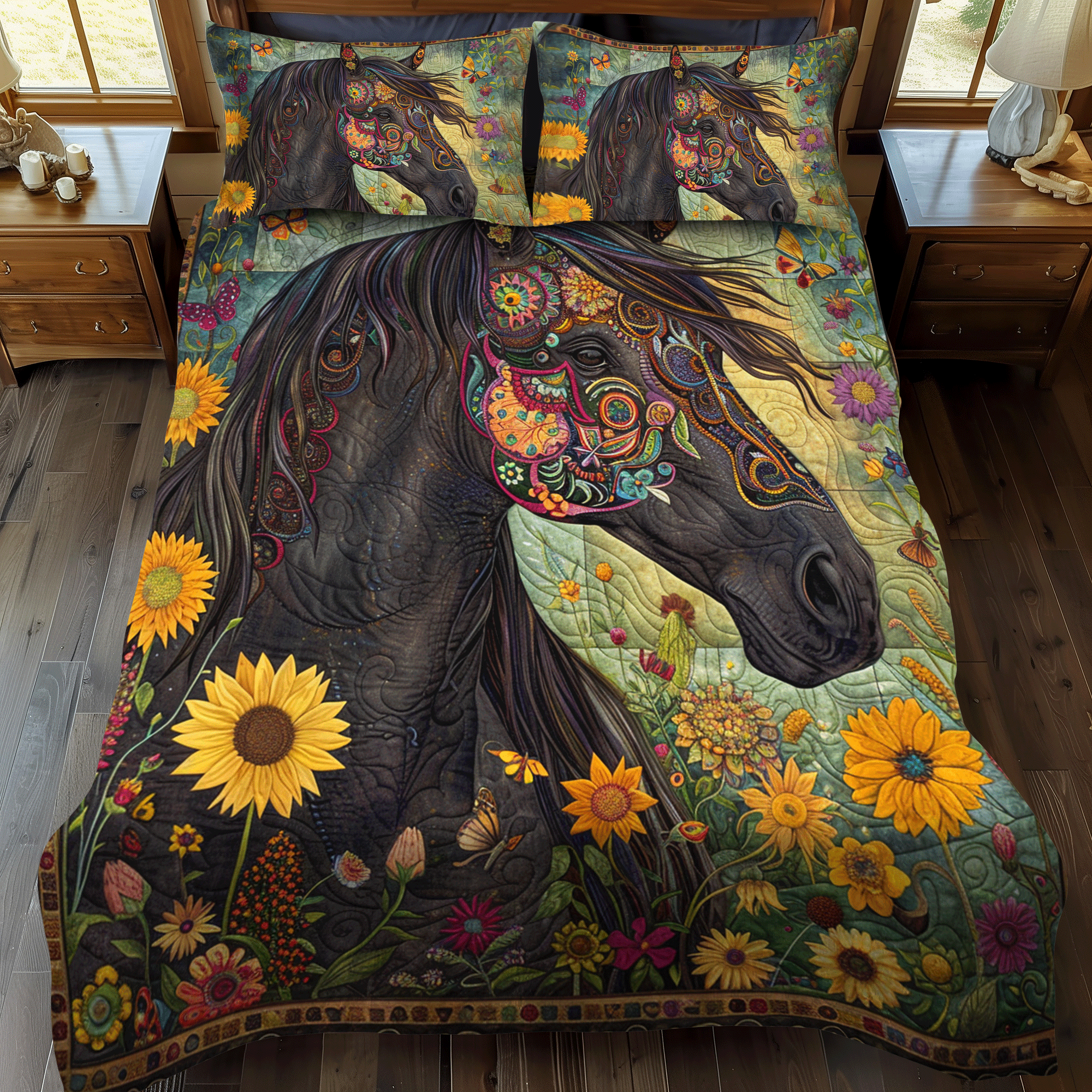 Floral Sunflower Horse 3-Piece Quilted Bedding Set NCU0PD332