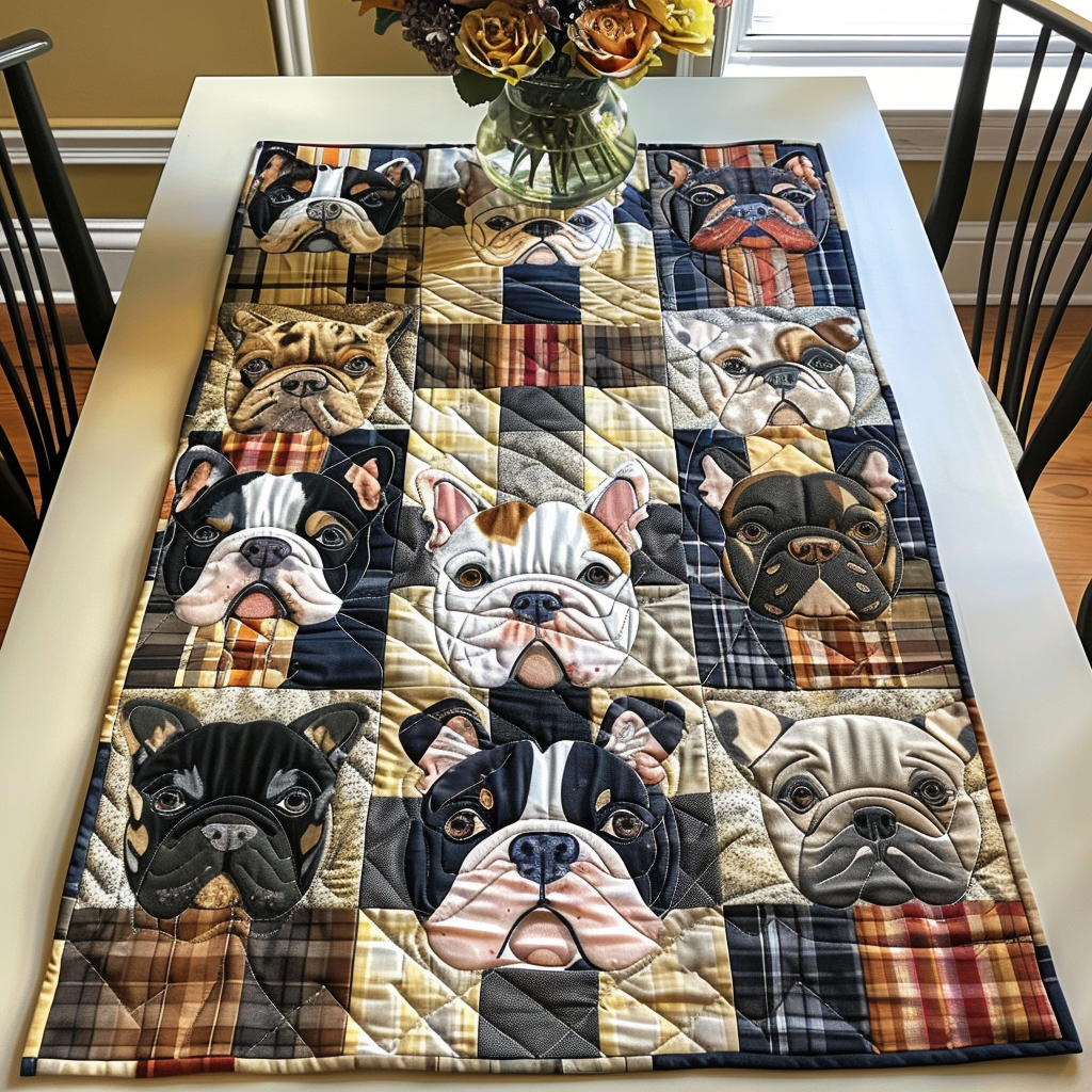 Vibrant Plaid Frenchie Faces Quilted Table Runner NCU0PD145