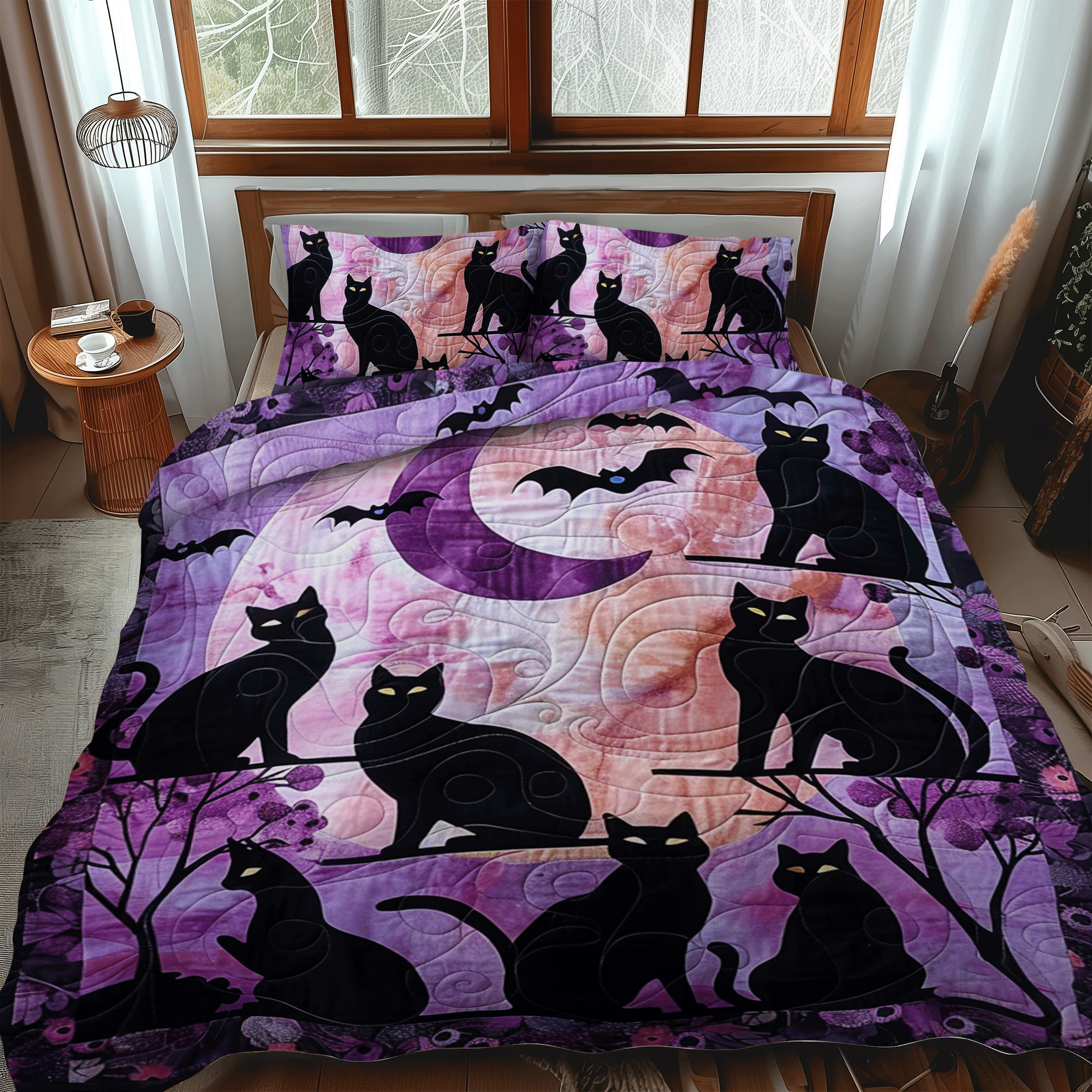 Artistic Black Cat 3-Piece Quilted Bedding Set NCU0PD320