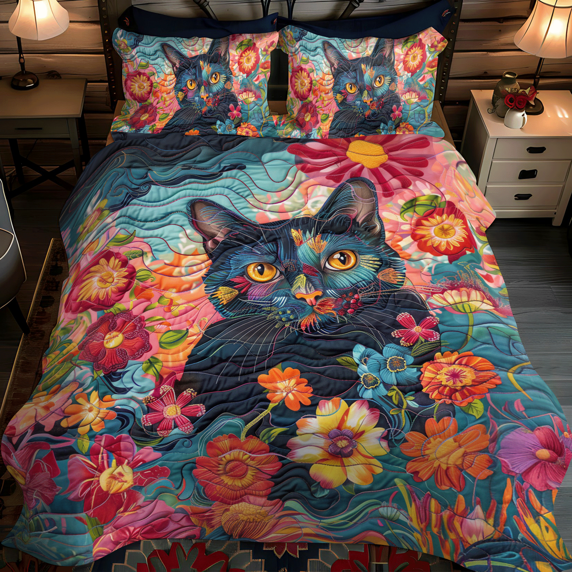 Playful Floral Cats 3-Piece Quilted Bedding Set NCU0PD324