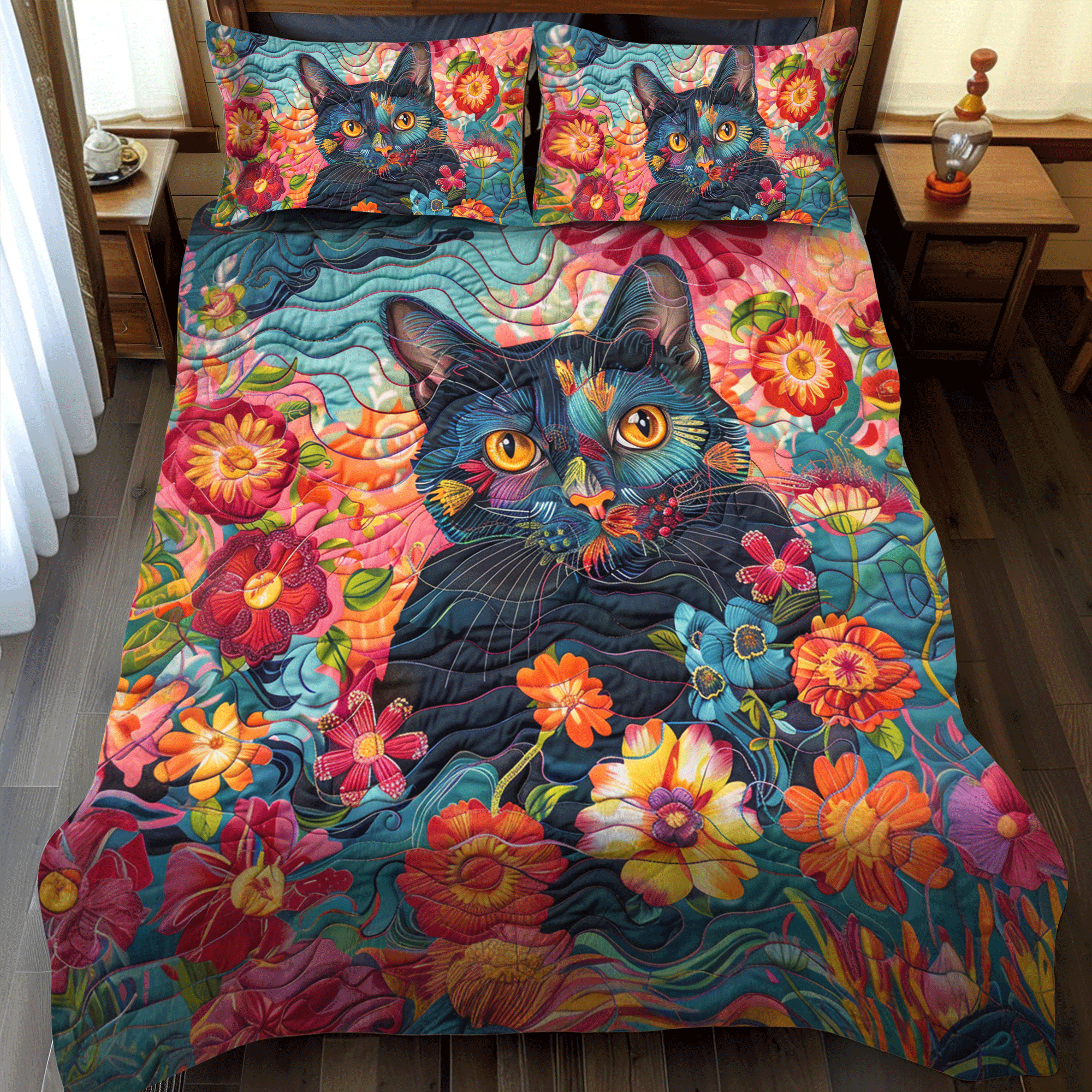 Playful Floral Cats 3-Piece Quilted Bedding Set NCU0PD324