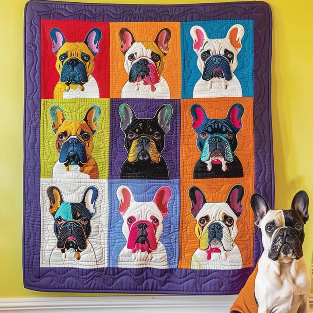 Frenchie Faces Colorful Quilted Blanket NCU0PD074